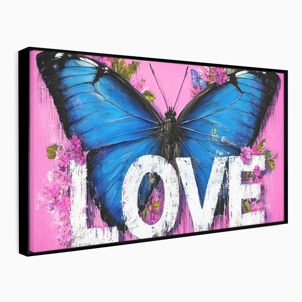 Tablou canvas cu tablou canvas cu fluture albastru, in rama de aluminiu negru